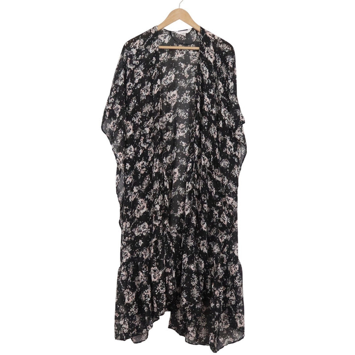 Lauren Conrad Floral Kimono Wrap Black Pink Ruffle Hem Sheer Cardigan O/S