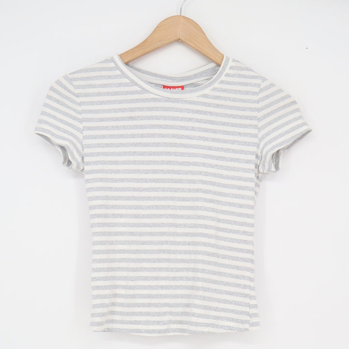 LA GLOW Womens XS Grey White Striped Short Sleeve Crewneck Slim Fit Baby Tee