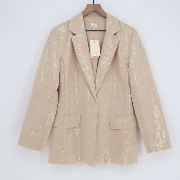 A New Day Womens Sequin Blazer Champagne Beige Long Sleeve Jacket Size M NWT