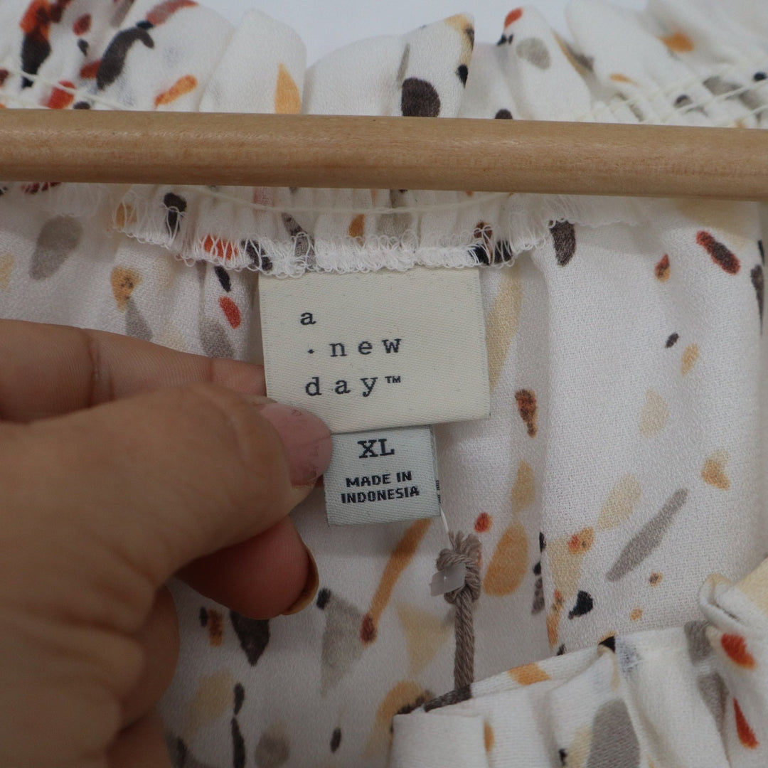 A New Day Womens XL Abstract Print Smocked Tie Neck Peasant Blouse White