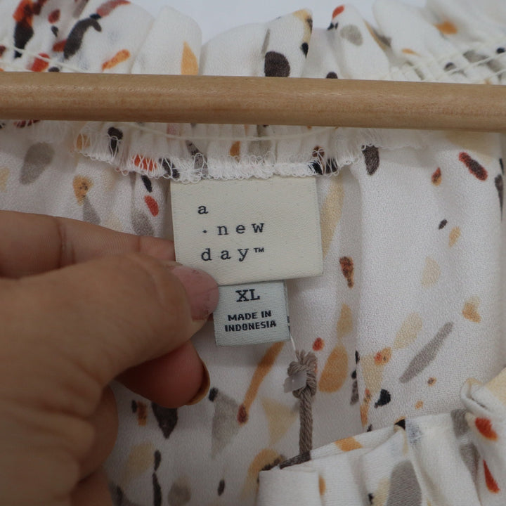 A New Day Womens XL Abstract Print Smocked Tie Neck Peasant Blouse White