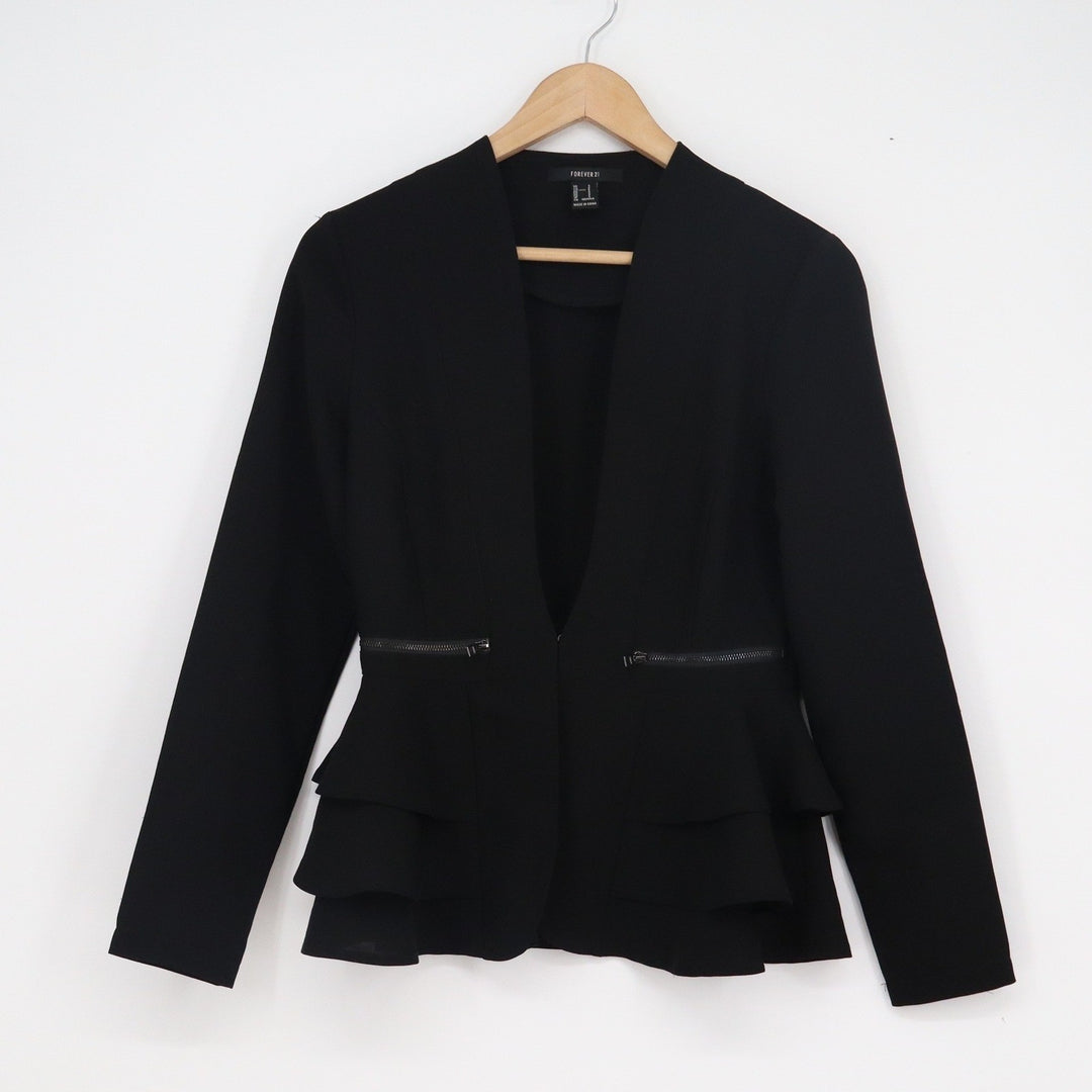 Forever 21 Womens Black Peplum Blazer Tiered Ruffle Open Front Jacket S