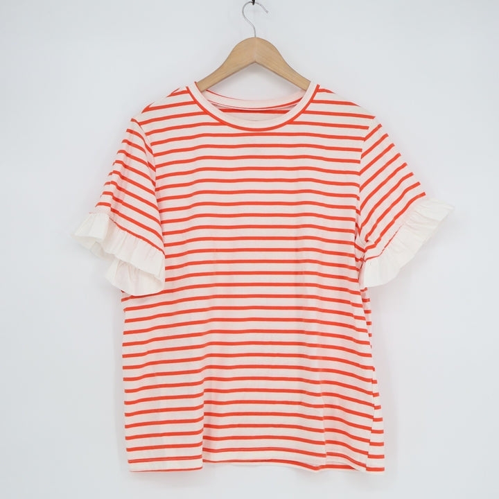 Tankaneo T-Shirt Womens Large Orange White Striped Cotton Stretch Ruffle Sleeve
