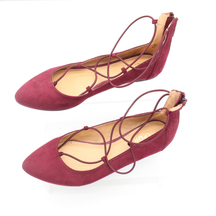 Report Flats Womens 7.5 Bell Burgundy Lace Up Pointed Toe Faux Suede Excellent