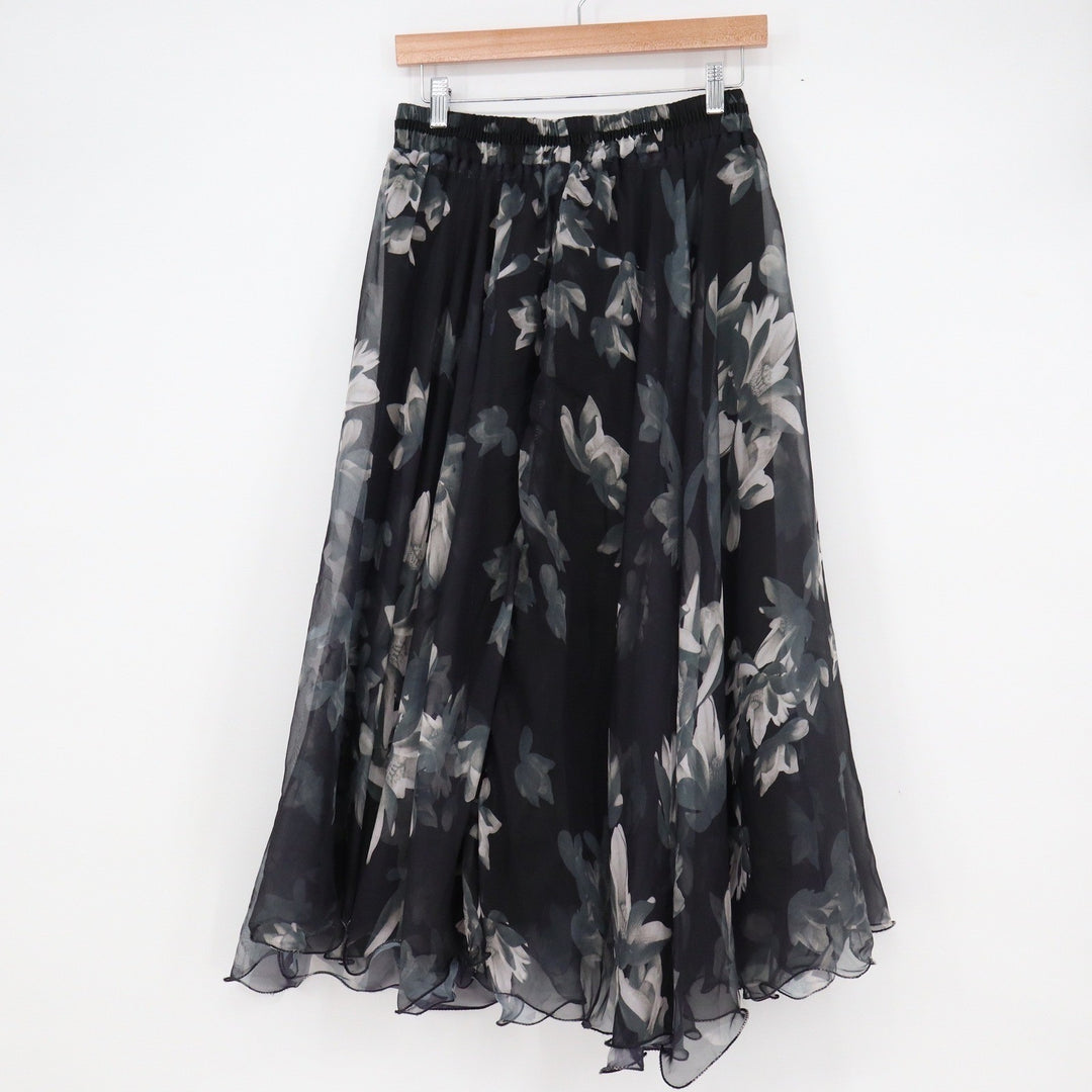 Black Floral Chiffon Maxi Skirt Elastic Waist Lettuce Hem Flowy Size L