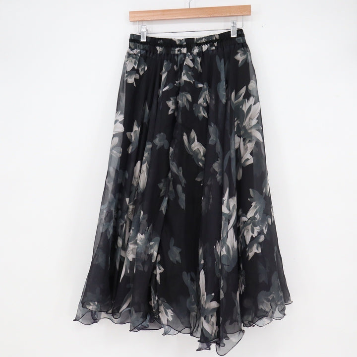 Black Floral Chiffon Maxi Skirt Elastic Waist Lettuce Hem Flowy Size L