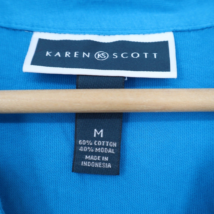 Karen Scott Womens Hawaiian Surf Blue Polo Tunic Top V-Neck Roll-Tab Medium NWT