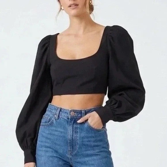 Naked Wardrobe The Statement Black Balloon Sleeve Crop Top M