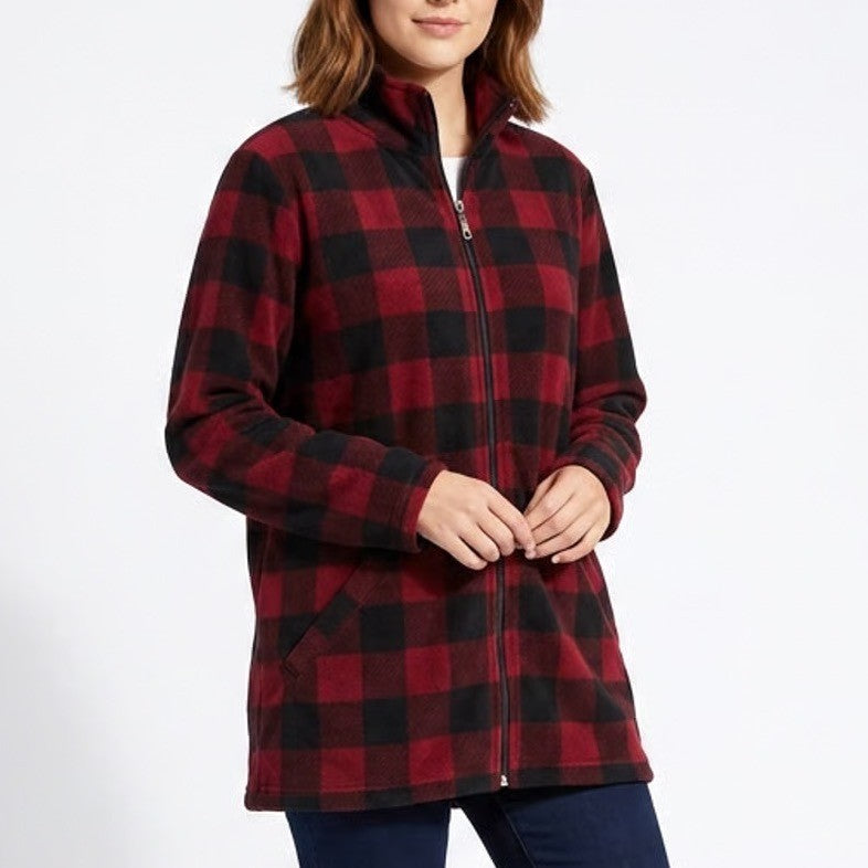 Denim & Co Womens 1X Buffalo Plaid Fleece Jacket Red Black Full Zip Mock Neck