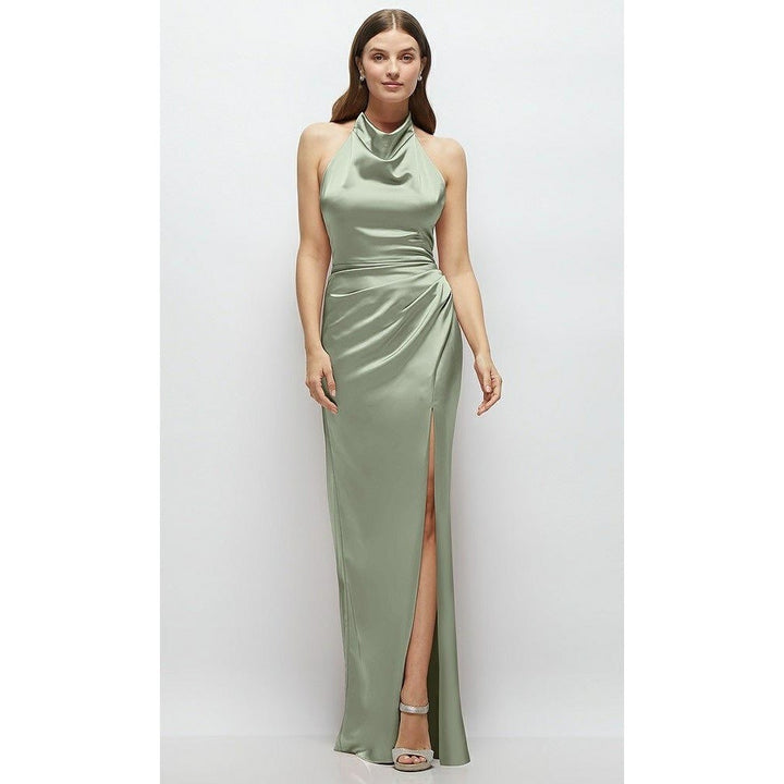 Lovely Noor Cowl Halter Open-Back Satin Maxi Dres In Sage Size XS