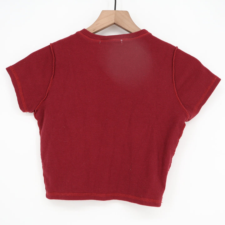 Red Butterfly Graphic Waffle Knit Crop Top Baby Tee Short Sleeve Exposed Seams S