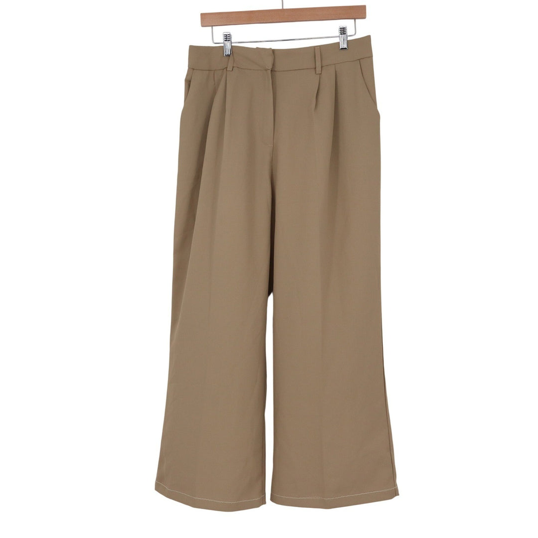 FUNYYZO Khaki Tan Wide Leg Pleated Trousers High Waist Elastic Back XL 14-16