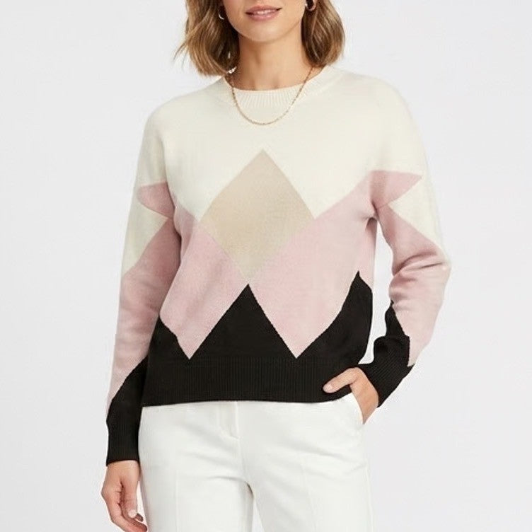T Tahari Womens Geometric Colorblock Crew Neck Sweater Pink Cream Black Small