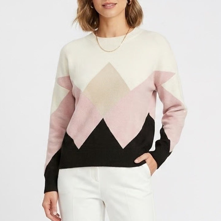 T Tahari Womens Geometric Colorblock Crew Neck Sweater Pink Cream Black Small