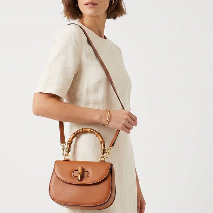 Womens Handbag Brown Bamboo Shaped Detachable Adjustable Strap Crossbody Bag