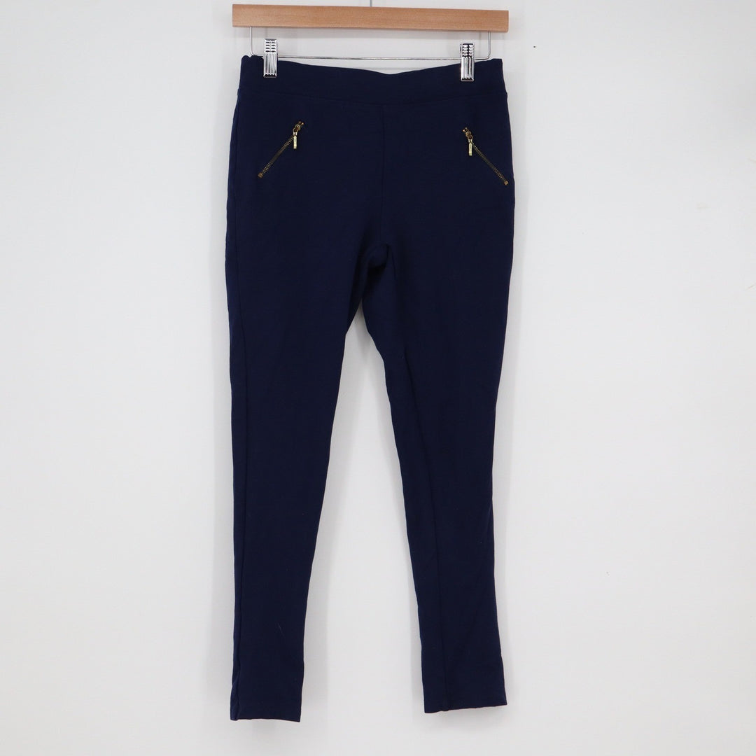 Zudio Navy Blue Ponte Knit Leggings Gold Zipper Detail Slim Fit Pants Size M