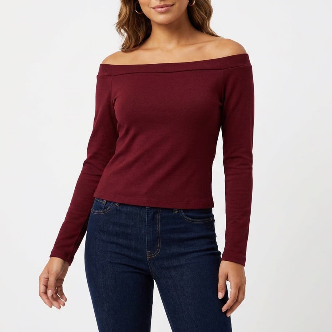 SHEIN Burgundy Off the Shoulder Long Sleeve Top Slim Fit Knit Wine Red Medium