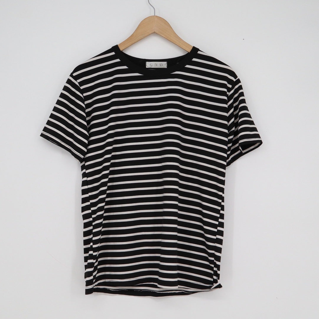 GND Mens Women's Striped T-Shirt Black White Crew Neck Short Sleeve Top