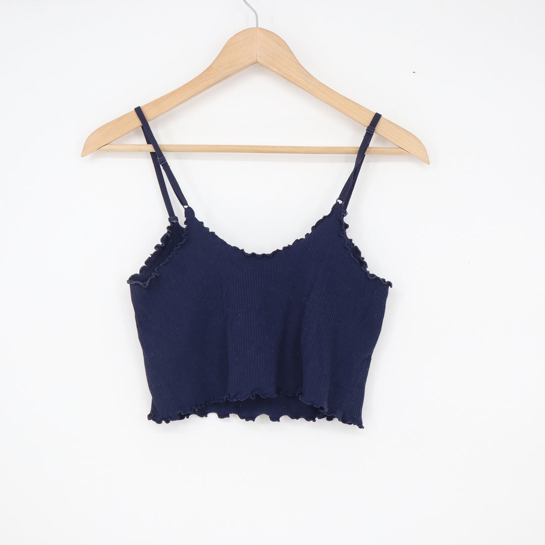 Navy Blue Ribbed Knit Lettuce Edge Crop Top Camisole V-Neck XS