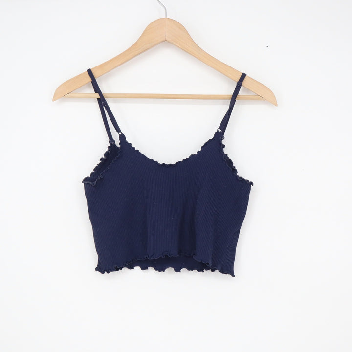 Navy Blue Ribbed Knit Lettuce Edge Crop Top Camisole V-Neck XS