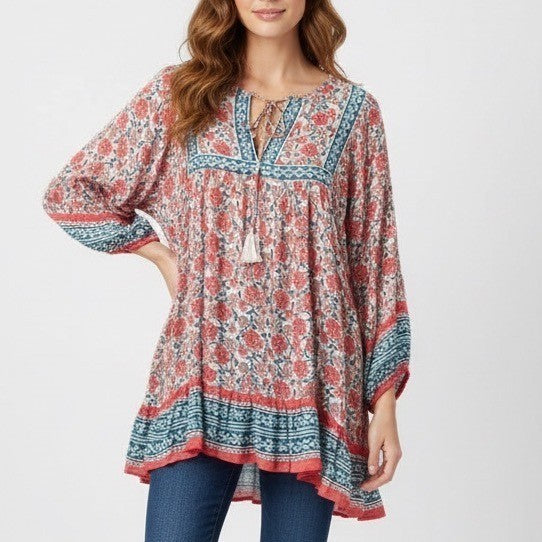 Rachel Zoe Boho Floral Tunic Dress Tassel Tie V Neck Viscose Size M