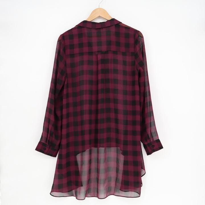 Storne Tunic Blouse Women M Red Black Check Hi Low Hem Spread Collar Long Sleeve