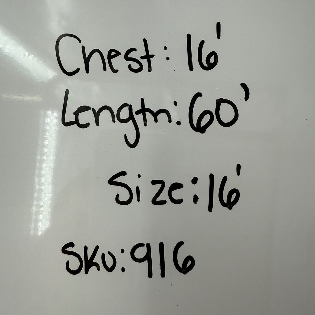 Measurement labels on a white surface with text indicating chest, length, size, and SKU.