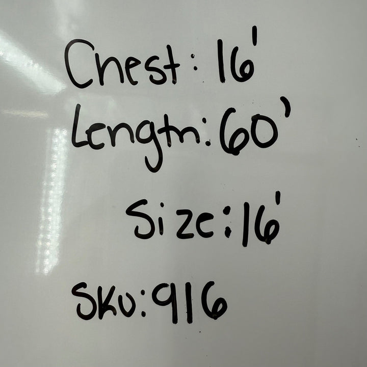 Measurement labels on a white surface with text indicating chest, length, size, and SKU.