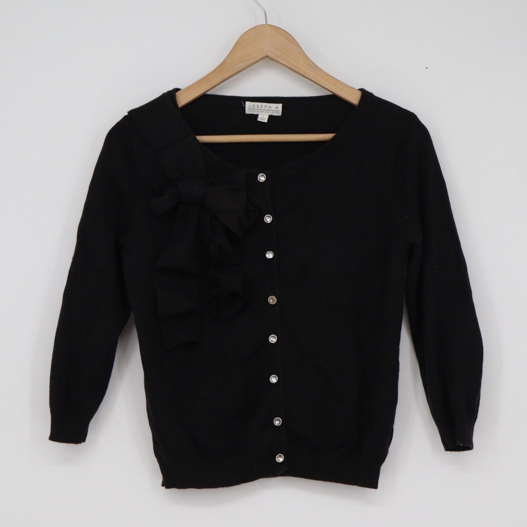 Joseph A Black Bow Shoulder Cardigan Sweater Rhinestone Button 3/4 Sleeve Small