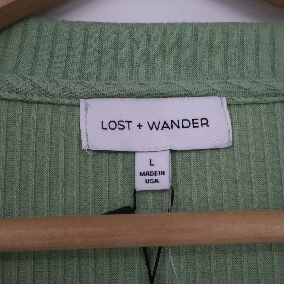 Lost + Wander Algea Sage Green Ribbed V-Neck Button Front Cardigan L