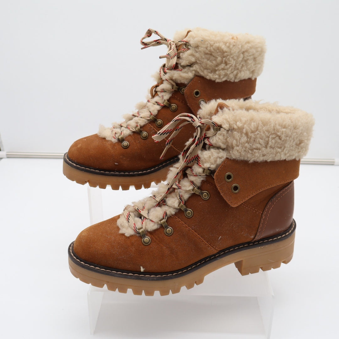Time And Tru Womens US 8.5 Brown Leather Faux Fur Collar Ankle Cozy Hiking Boots