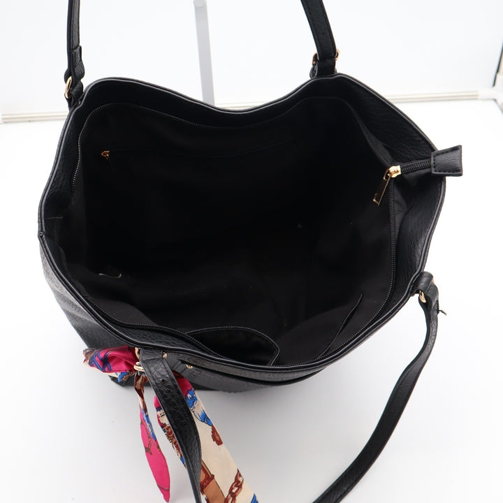 Black Faux Leather Tote Bag with Scarf Accent Gold Hardware Large Shoulder Purse