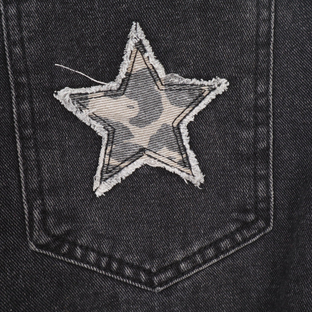 JFORJUSTIFY Womens Washed Black Wide Leg Camo Star Patch Jeans Size M High Rise