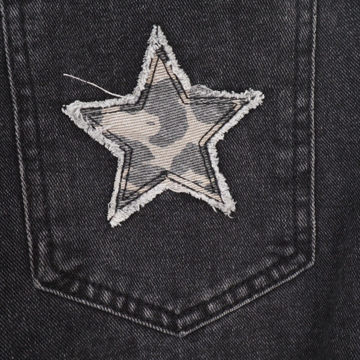 JFORJUSTIFY Womens Washed Black Wide Leg Camo Star Patch Jeans Size M High Rise