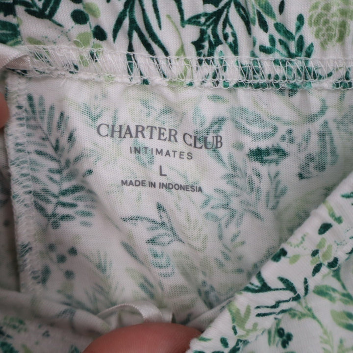 Charter Club Intimates Pajama Pants Womens L Green Floral Elastic Waist Straight