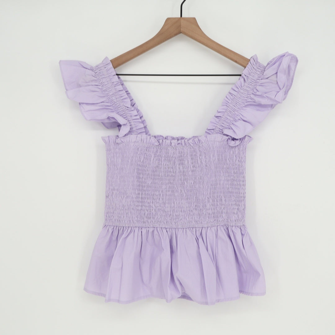 Francesca's Mi Ami Lavender Purple Smocked Peplum Ruffle Top Large NEW