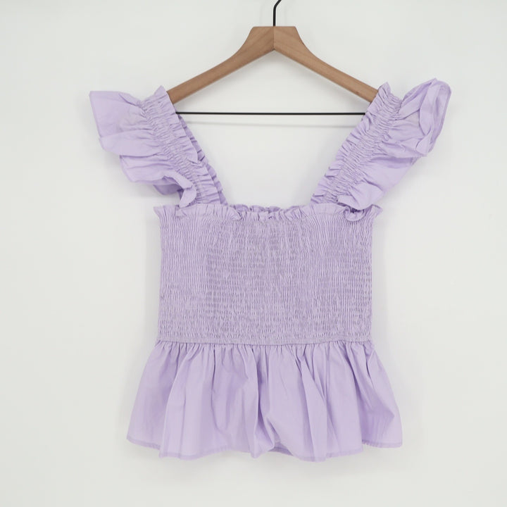 Francesca's Mi Ami Lavender Purple Smocked Peplum Ruffle Top Large NEW