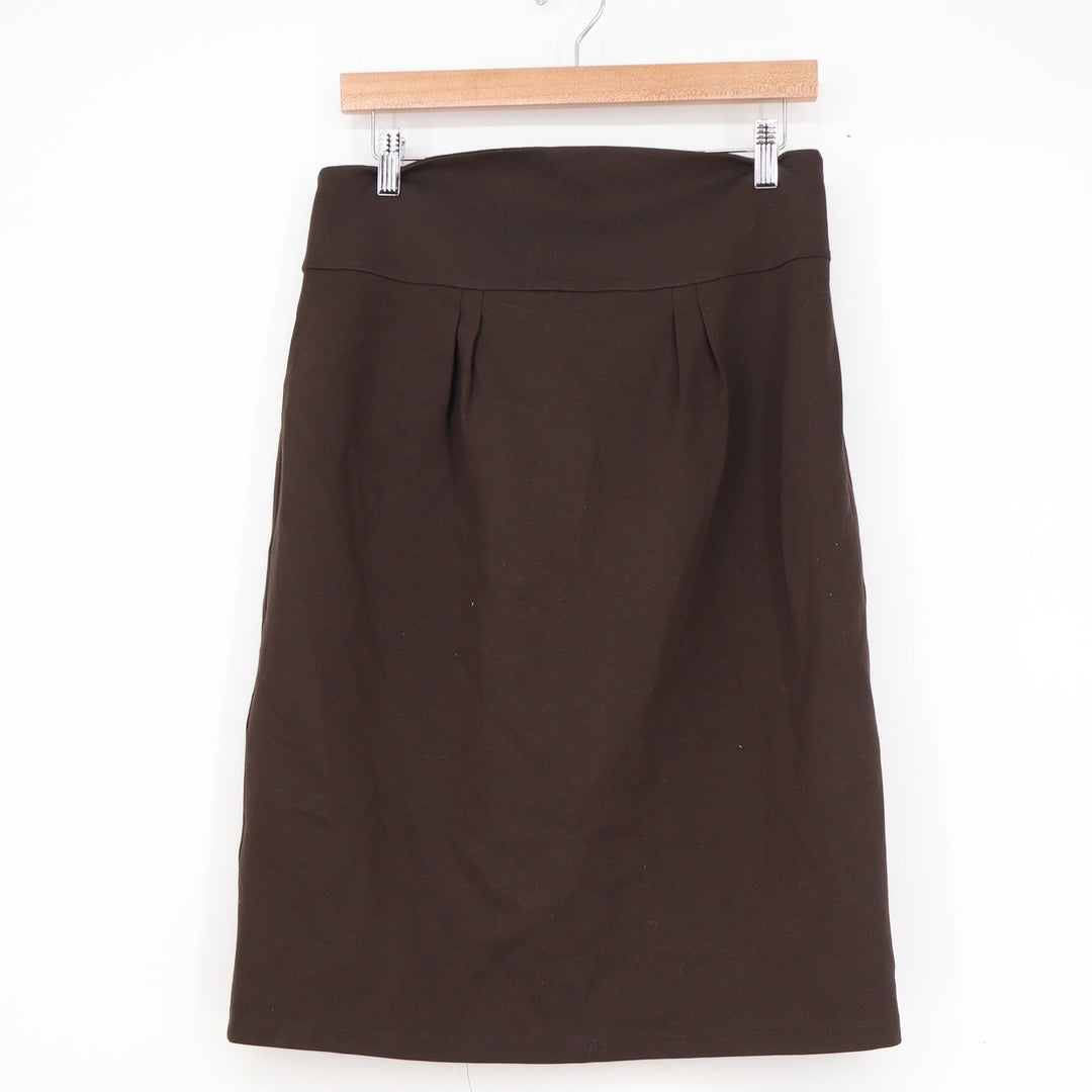 Spazio Brown Pleated Front Pencil Skirt Size 10 Lined Stretch Knee Length Turkey