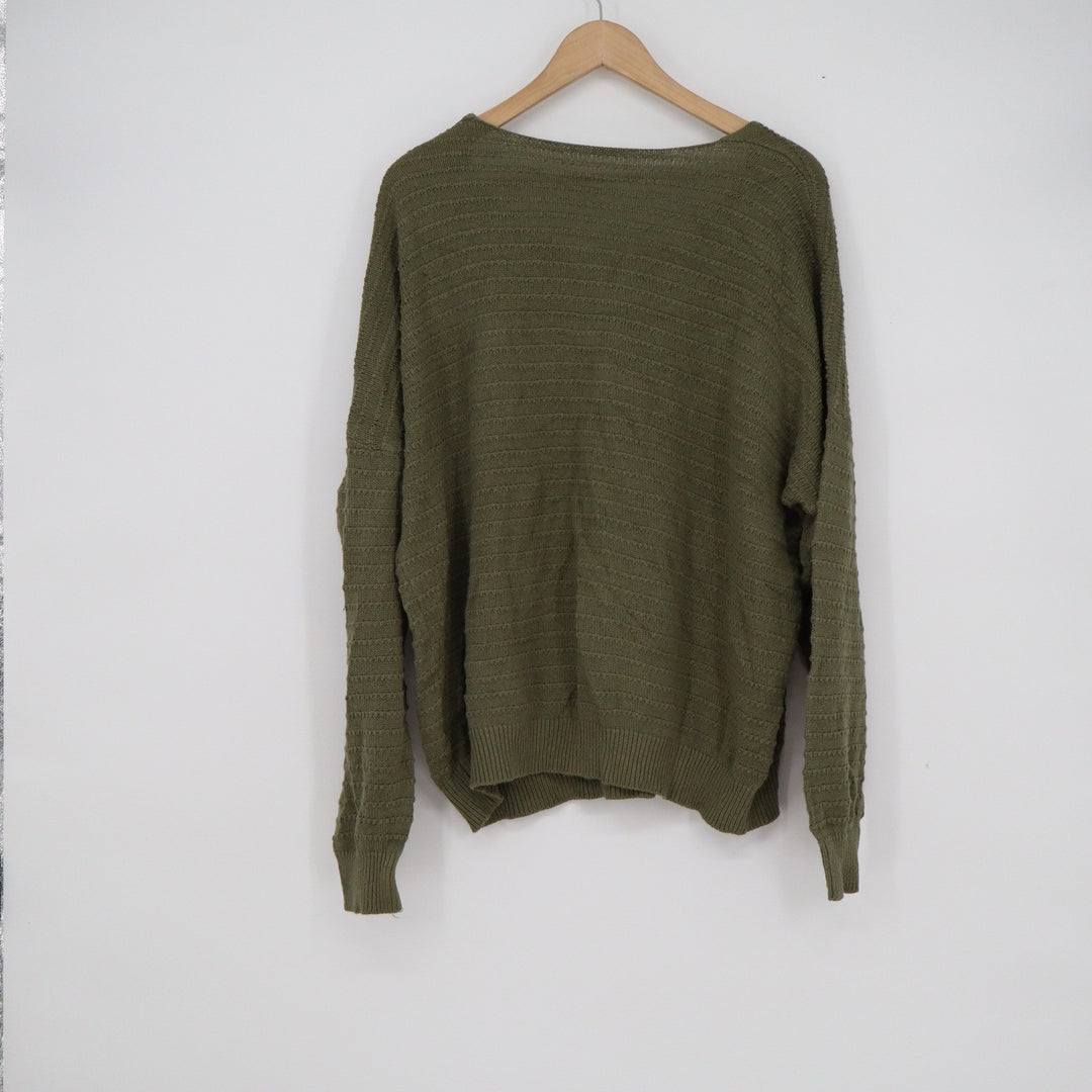Olive Green Textured Knit Oversized Pullover Sweater Scoop Neck Women 2XL