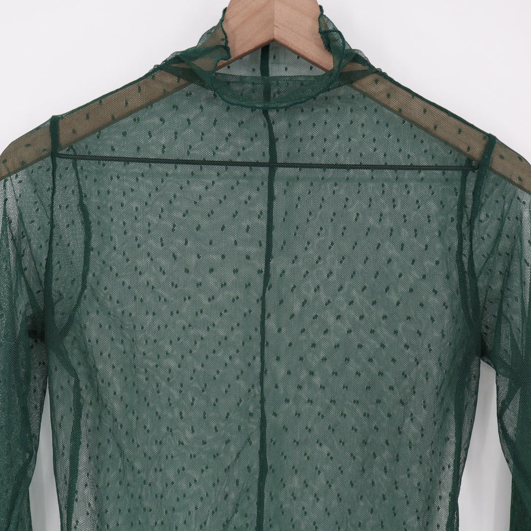 T-Shirt Womens Large Green Mesh Sheer Stretch Long Sleeve Mock Neck Pullover