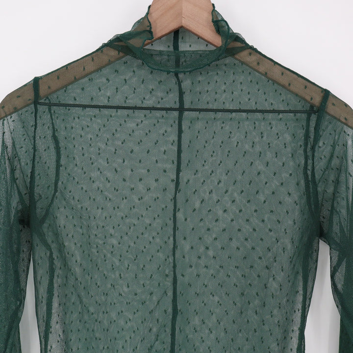T-Shirt Womens Large Green Mesh Sheer Stretch Long Sleeve Mock Neck Pullover