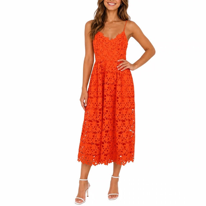 Endless Rose Orange Floral Guipure Lace Midi Dress Scalloped V-Neck Large