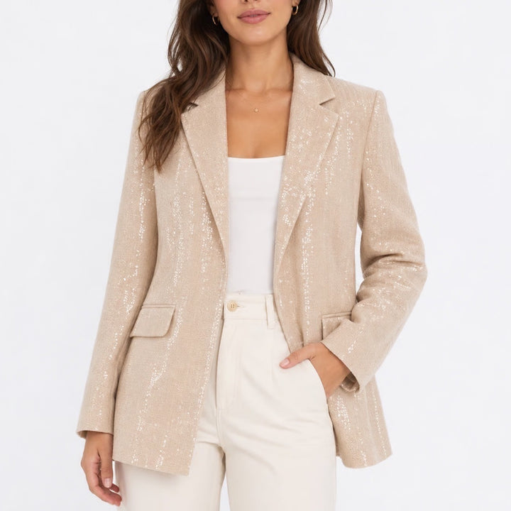 A New Day Womens Sequin Blazer Champagne Beige Long Sleeve Jacket Size M NWT