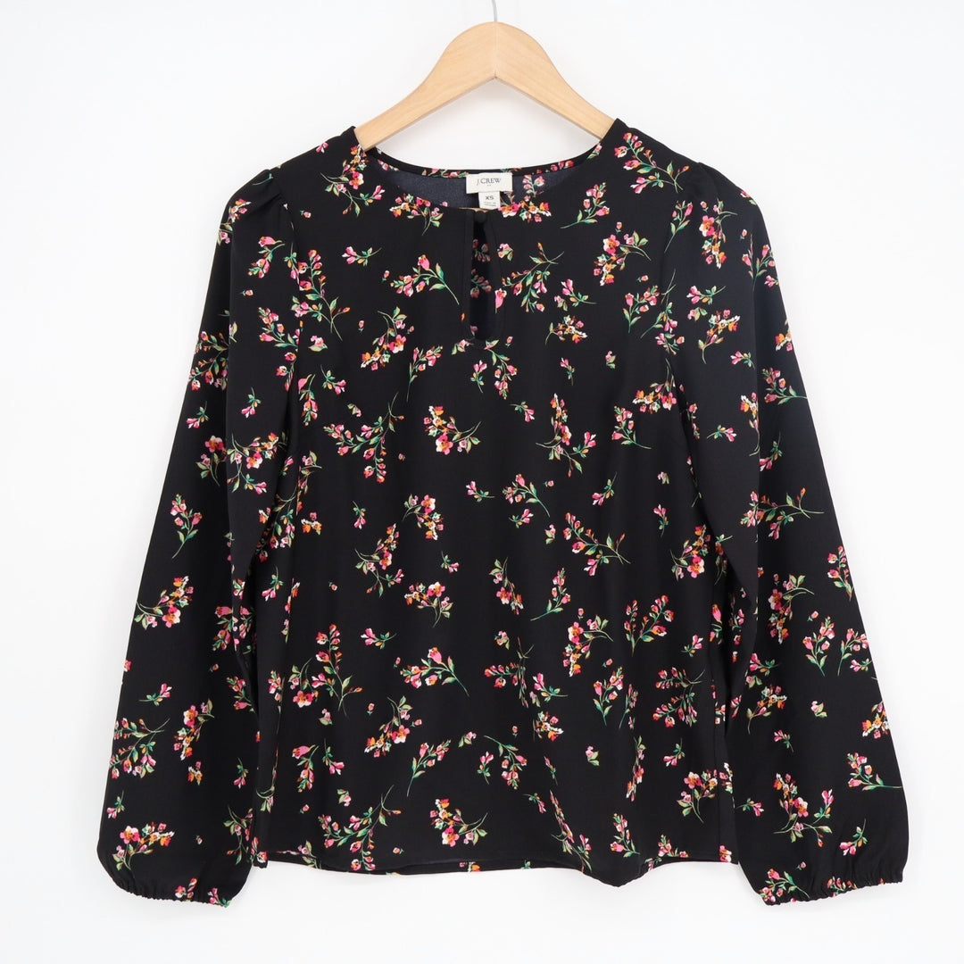 J. Crew Blouse Top Womens XS Black Multi Floral Balloon Sleeve Keyhole Neck