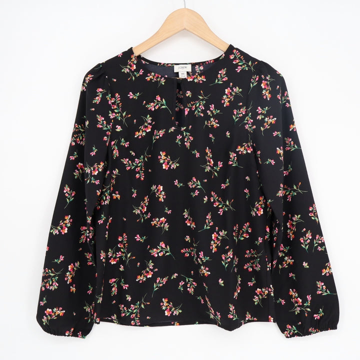J. Crew Blouse Top Womens XS Black Multi Floral Balloon Sleeve Keyhole Neck