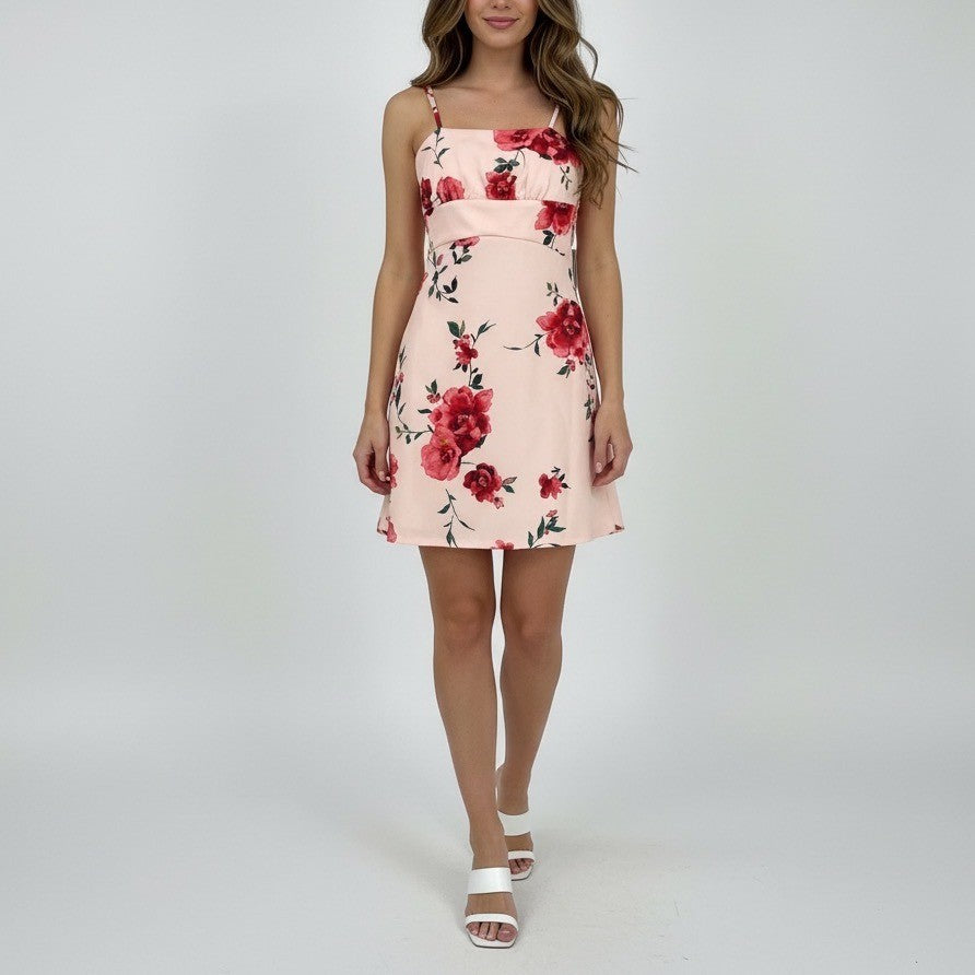 Sequin Hearts Floral Print Pink Square Neck Cutout Back Mini Dress Size 1