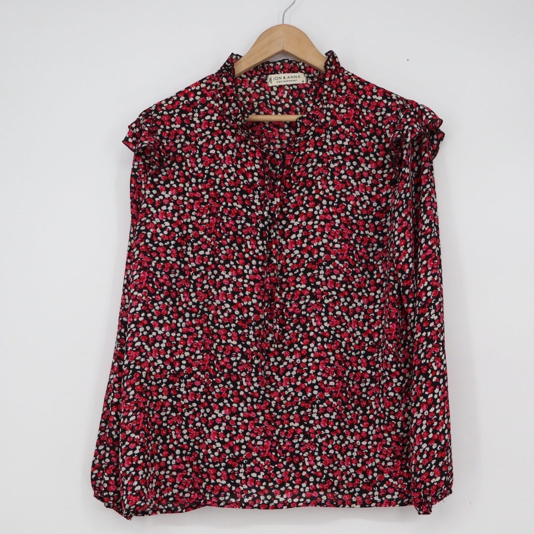 Jon & Anna Contemporary Red Floral Ruffle Shoulder Blouse Medium Long Sleeve