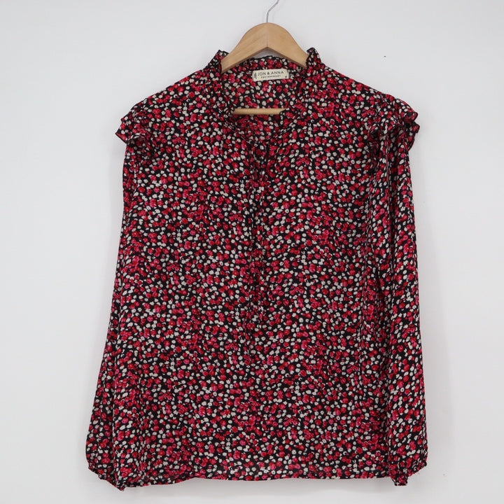 Jon & Anna Contemporary Red Floral Ruffle Shoulder Blouse Medium Long Sleeve