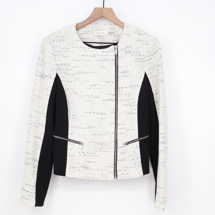 Calvin Klein Womens Black White Tweed Asymmetric Zip Moto Jacket Size 12