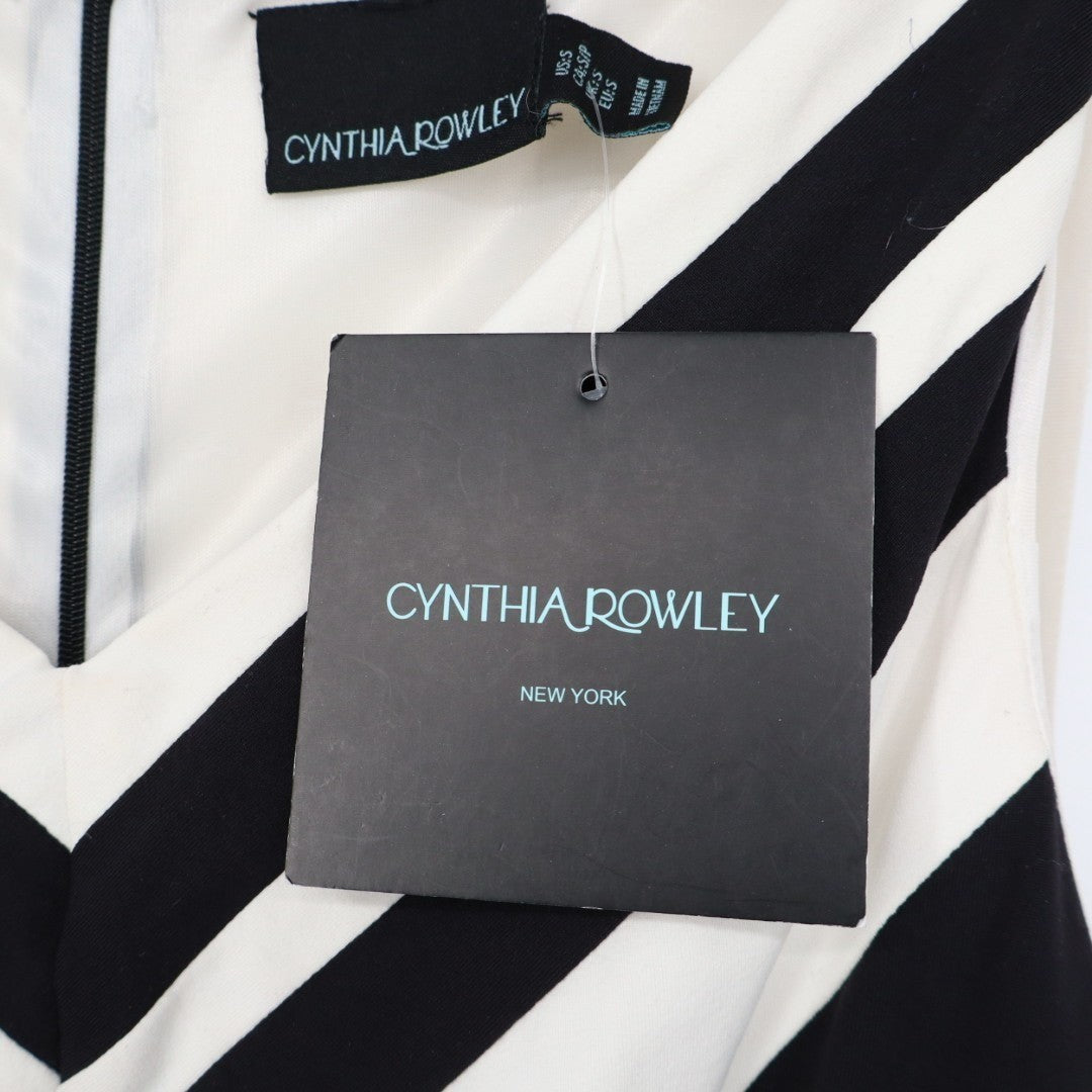 Cynthia Rowley A-Line Dress Womens S White Black Chevron Stretch V-Neck Back Zip